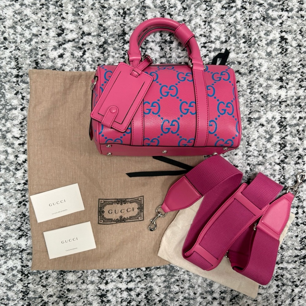 Gucci GG Perforated Leather Duffle Small Boston Bag Logo Pink Blue $2,500